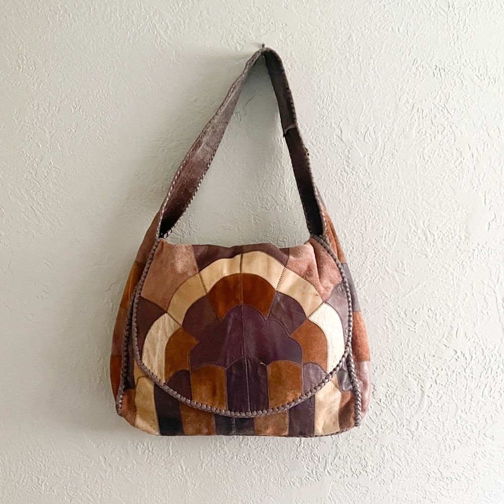 Vintage CHAR Mexico Large Patchwork Leather Shoulder Bag in Brown and Tan